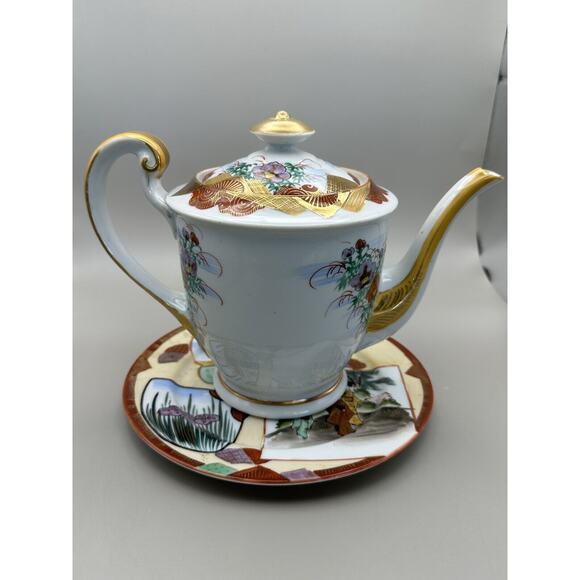 Vintage Kutani 7" Teapot and 8" Plate Geisha Pattern 1960s Japan - Picture 10 of 11